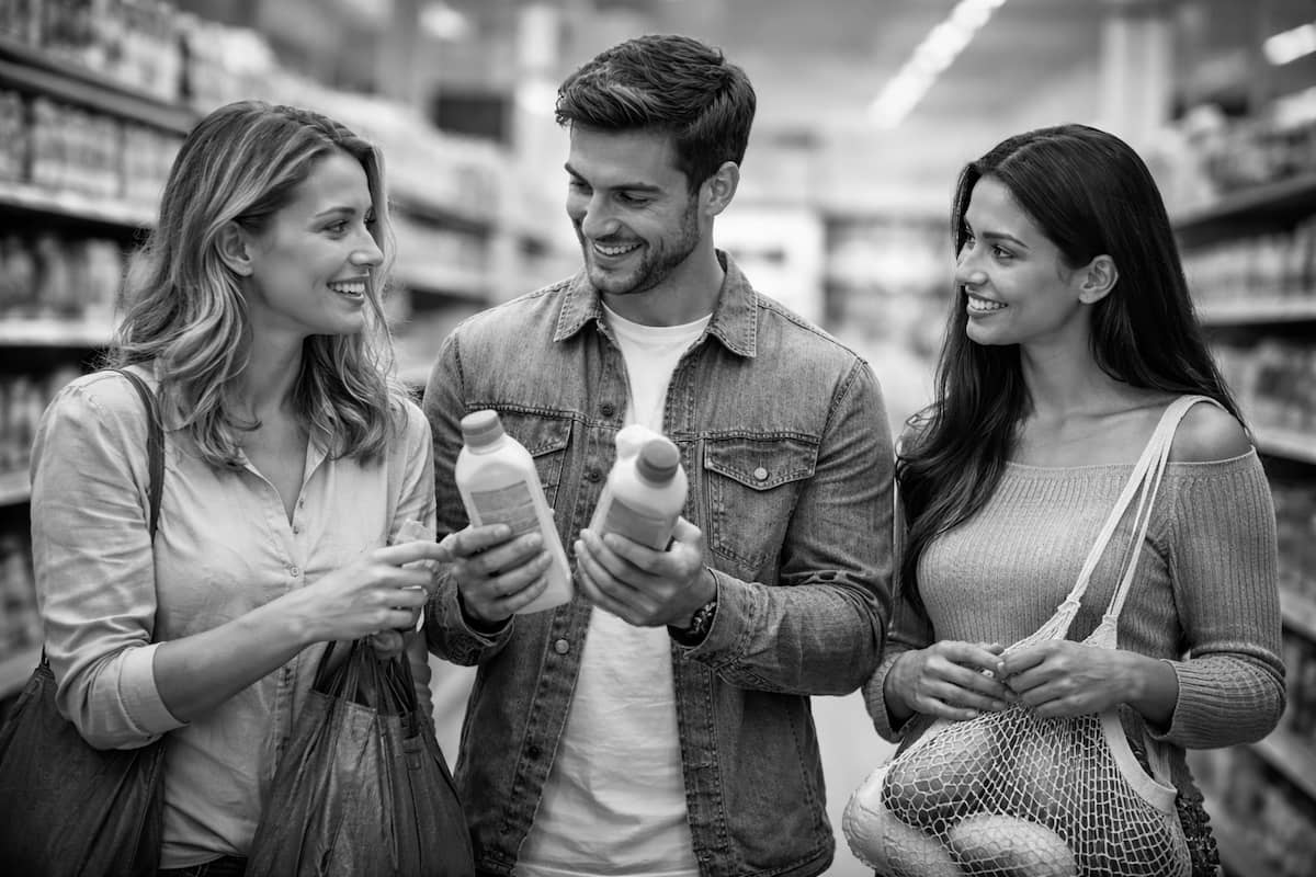 Consumidores comparando productos en un supermercado, representando el análisis de audiencias y comportamiento de compra